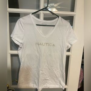 NAUTICA ladies top in size large. EUC. White top with gold medal lettering